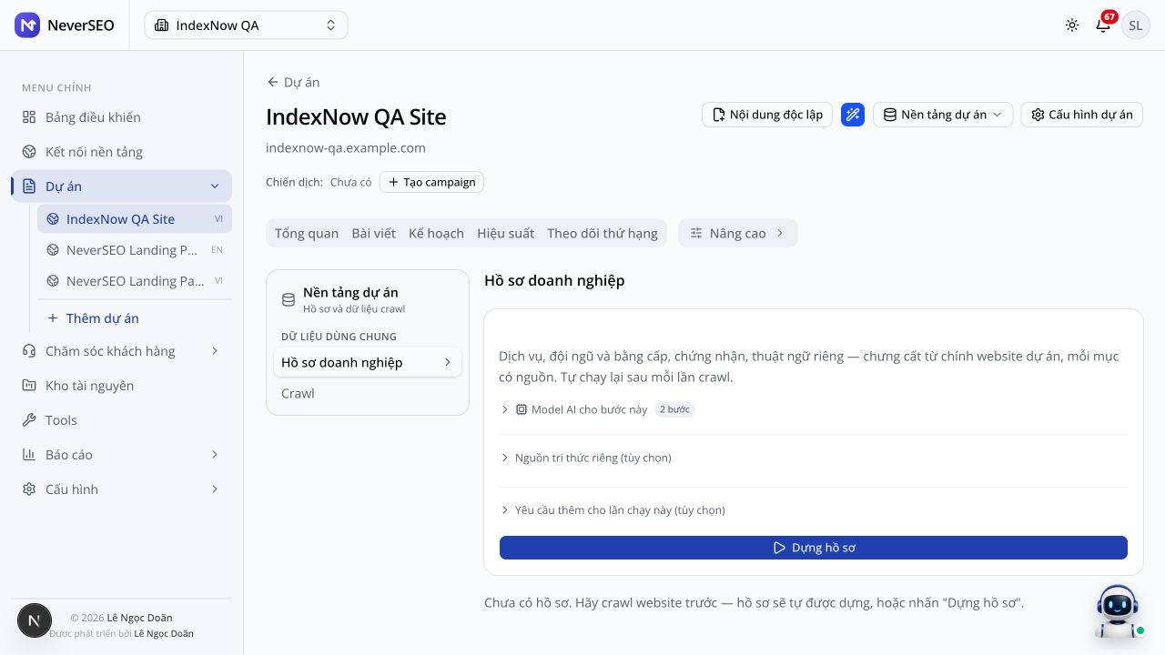 NeverSEO project workspace (Vietnamese interface)